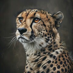 Wall Mural - A fierce cheetah, with sleek fur and sharp whiskers, commands attention as it stands boldly against a dark backdrop, 