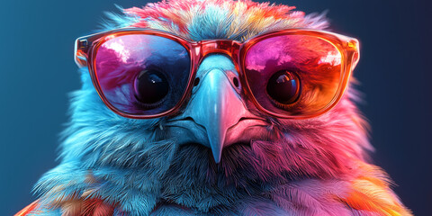 Wall Mural - A close-up of a bird wearing sunglasses, with a cool and colorful aesthetic.