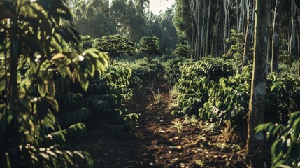 Canvas Print - A sunlit path through a dense, vibrant coffee plantation with lush greenery in the morning.