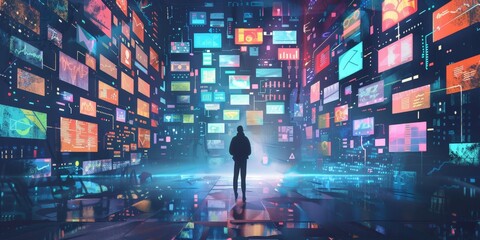 Fototapete - Conceptual illustration of information overload with multiple screens and data streams