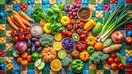 Fresh organic fruits and vegetables arranged in a vibrant colorful mosaic on a wooden table, promoting healthy eating and balanced nutritional habits.