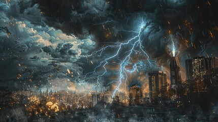 Poster - A city is shown in the background with a storm in the foreground