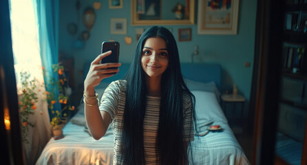 Wall Mural - an Indian woman with long black hair taking a selfie in her bedroom, wearing a striped white and grey t-shirt