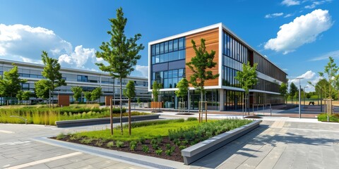 A commercial business park with landscaped grounds and modern office buildings