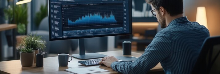 Fototapete - An expert analyzes complex data on a large monitor, surrounded by a tidy workspace with a coffee mug and notepad. Generative AI