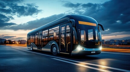 Modern Bus Driving on the Road at Dusk