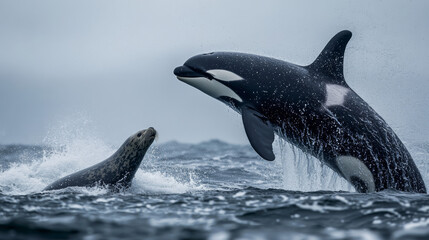 Wall Mural - Orca Leaping Towards Grey Seal in the Ocean