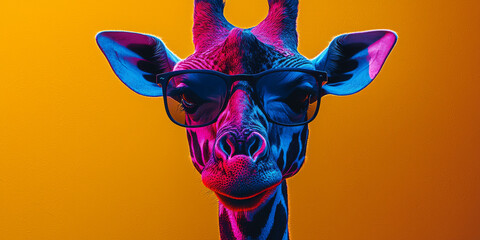 Wall Mural - A cool giraffe wearing sunglasses against a bright orange background.