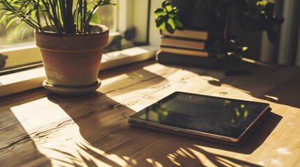 Sticker - A sunlit desk with a potted plant and a digital tablet, bathed in warm light from a window, creating an inviting and serene working space.