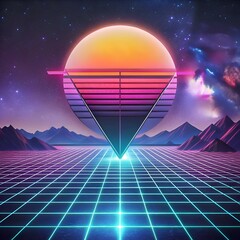 A vibrant 3D illustration of a retro futuristic landscape with a glowing sunset and a geometric. triangular shape.