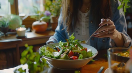 Sticker - A woman's hands grasp a colorful, fresh salad, emphasizing healthy eating and vibrant lifestyle.