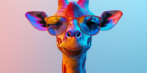 Sticker - A giraffe with a cool and trendy look wearing colorful sunglasses.