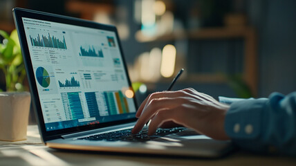 Poster - Analyzing digital data with charts and graphs on a laptop in a modern workspace