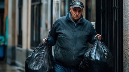 a man in a blue jacket carries two large black garbage bags down a city street.