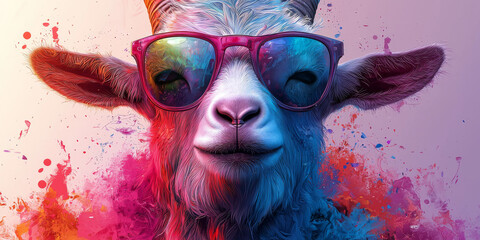 Canvas Print - A cool goat sporting trendy sunglasses and a colorful, abstract background.