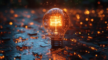 Poster - Glowing Light Bulb on a Circuit Board