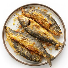 Poster - Anchovy fish fried with cornmeal on plate isolated on white background 