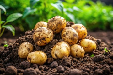 Macro photography of freshly harvested potatoes partially buried in rich, dark soil, with moist earth clinging to their rough skins