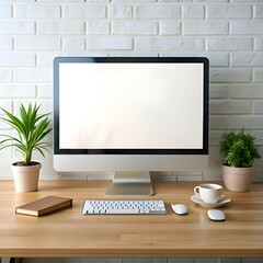 Sticker - Clean and minimalist workspace with a blank computer screen. keyboard. mouse. and a cup of coffee on a wooden desk.