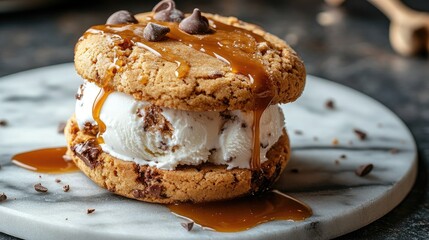 A gourmet ice cream sandwich with vanilla ice cream, chocolate chip cookies, and a drizzle of caramel sauce, on a marble plate.