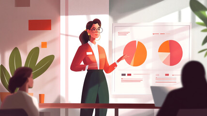 Poster - A businesswoman presents colorful charts in a bright office during a team meeting