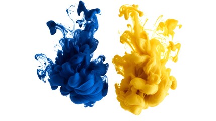 Floating Ink Swirls: Two vibrant ink swirls, one deep blue and the other bright yellow, mixing in mid-air against a pure white background, creating a mesmerizing abstract pattern.
