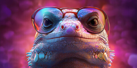 Wall Mural - A lizard wearing round glasses stares intensely at the camera, a hint of a smile on its face.