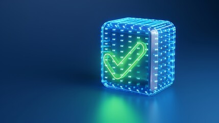 Wall Mural - Digital 3D illustration of a glowing green checkmark in a blue futuristic cube, symbolizing approval, success, and security.