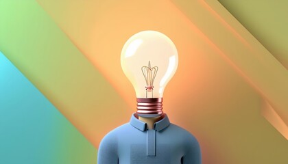 A creative concept of a person with a light bulb for a head, symbolizing ideas and innovation in a colorful background.