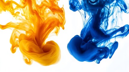 Floating Ink Swirls: Two vibrant ink swirls, one deep blue and the other bright yellow, mixing in mid-air against a pure white background, creating a mesmerizing abstract pattern.
