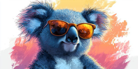 Wall Mural - A cute koala wearing sunglasses with a pink and orange background.