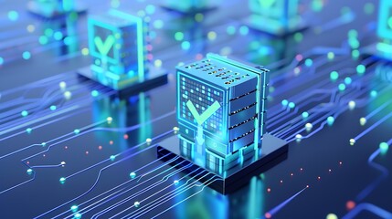 Digital blockchain technology concept with glowing circuits and data blocks, illustrating modern data storage and security solutions.