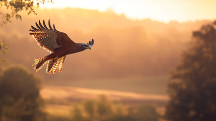 Wall Mural - Hawk Soaring Through Golden Hour Sky