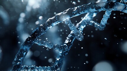 A 3D rendering of a DNA double helix made of water, with water droplets splashing around it.