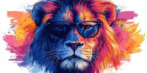 Wall Mural - A colorful illustration of a lion wearing sunglasses.