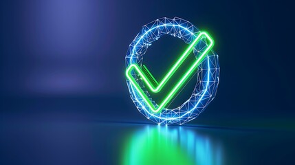 Poster - Digital checkmark symbol glowing in neon green, representing success, approval, or completion, on a dark blue background. Futuristic concept.