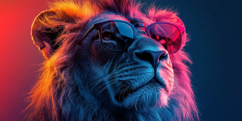 Wall Mural - A close-up portrait of a lion wearing sunglasses, illuminated by neon lights.