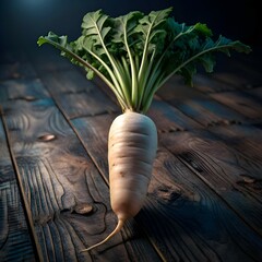 A realistic 3D illustration of a fresh daikon radish. with its long white root and vibrant green leaves. resting on a rustic wooden table.