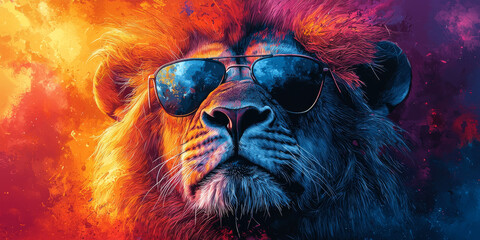 Sticker - Close-up of a lion wearing sunglasses, with a colorful and abstract background.