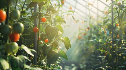 Wall Mural - Sunlit tomatoes ripen on the vine inside a lush greenhouse, surrounded by verdant leaves and bathed in a soft, warm light.