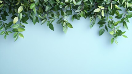 Wall Mural - Green Leaves Bordering a Light Blue Background