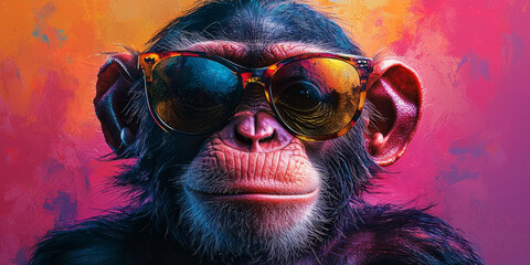 Wall Mural - A chimpanzee wearing sunglasses with a cool expression on his face.