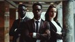 © VK Studio - Three professionals, exuding confidence and teamwork, stand together in a modern office with a stylish and determined look.