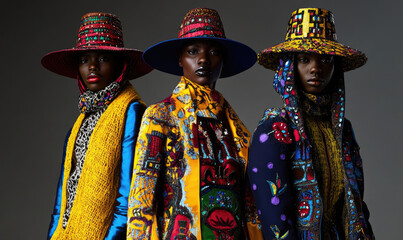 Poster - Three African models wearing colorful and intricate embroidered coats, scarves, and hats with bold colors of yellow, blue, red, black, brown