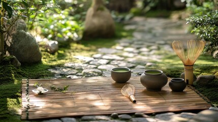 A traditional Japanese tea ceremony setup with matcha tea, whisk, and bamboo mat, set in a serene garden.