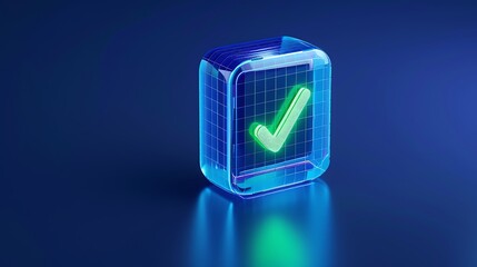 Futuristic 3D green checkmark icon in a transparent block, symbolizing approval and verification on a digital neon blue background.