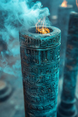 Poster - A close-up of a hookah pipe tip releasing smoke that unfolds like a scroll, revealing ancient scripts and symbols, isolated on a pastel blue background,