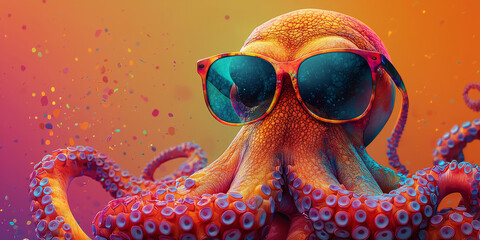 Wall Mural - Cool octopus wearing sunglasses with colorful confetti in the background.