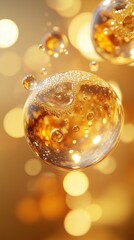 Poster - golden bubbles suspended in mid-air with a soft glowing background during a festive celebration