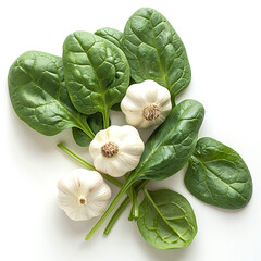 Wall Mural - Fresh spinach leaves and garlic cloves arranged on a white background